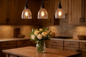cuisine-chene-rustique-luminaires-fleurs