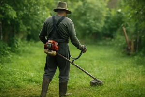 personne-de-dos-debroussailleuse-jardin-luxuriant