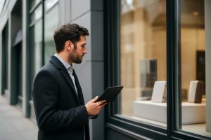 personne-tablette-vitrine-batiment-moderne