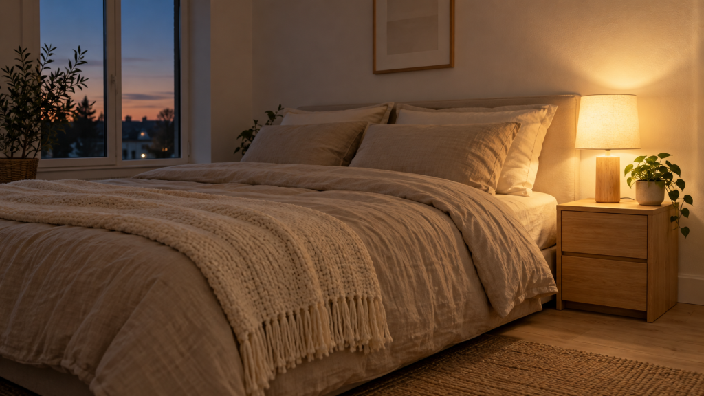 Lampe de chevet scandinave en bois clair allumée dans une chambre nordique