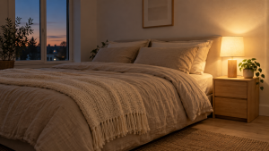 Lampe de chevet scandinave en bois clair allumée dans une chambre nordique