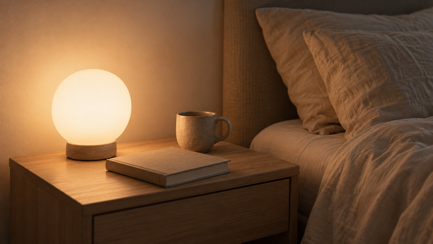 Lampe de chevet à globe en verre opalin diffusant une lumière chaude sur une table de nuit en bois clair